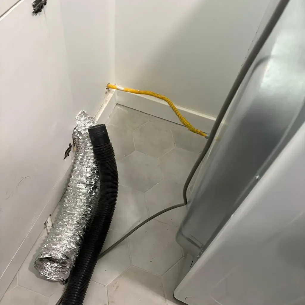 Old black flexible dryer hose behind a washing machine